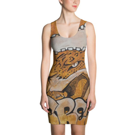 lady wearing eye of the Jaguar dress
